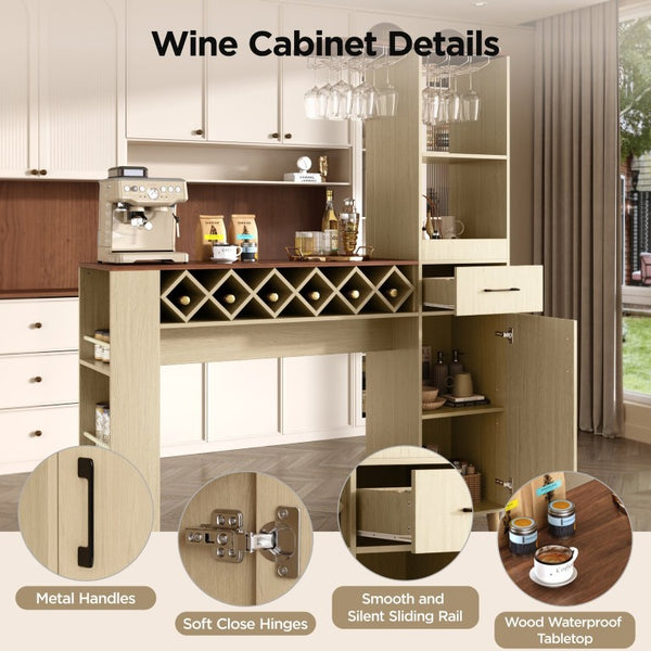 English Elm Bar Cabinet with Fridge Compartment Power Outlet Two Tone Mid Century Modern Storage Natural 63.39 L x 15.75 W x 75.59 H N728S511476N