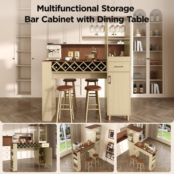 English Elm Bar Cabinet with Fridge Compartment Power Outlet Two Tone Mid Century Modern Storage Natural 63.39 L x 15.75 W x 75.59 H N728S511476N