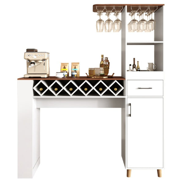 English Elm Bar Cabinet with Fridge Compartment Power Outlet Two Tone Mid Century Modern Storage White 63.39 L x 15.75 W x 75.59 H N728S511476W