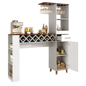 English Elm Bar Cabinet with Fridge Compartment Power Outlet Two Tone Mid Century Modern Storage White 63.39 L x 15.75 W x 75.59 H N728S511476W