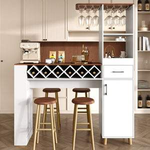 English Elm Bar Cabinet with Fridge Compartment Power Outlet Two Tone Mid Century Modern Storage White 63.39 L x 15.75 W x 75.59 H N728S511476W