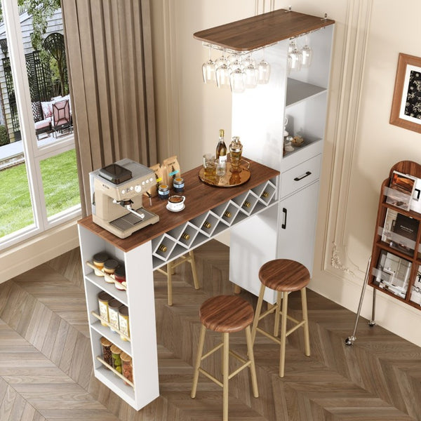 English Elm Bar Cabinet with Fridge Compartment Power Outlet Two Tone Mid Century Modern Storage White 63.39 L x 15.75 W x 75.59 H N728S511476W