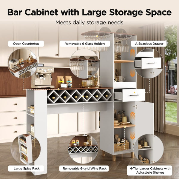 English Elm Bar Cabinet with Fridge Compartment Power Outlet Two Tone Mid Century Modern Storage White 63.39 L x 15.75 W x 75.59 H N728S511476W