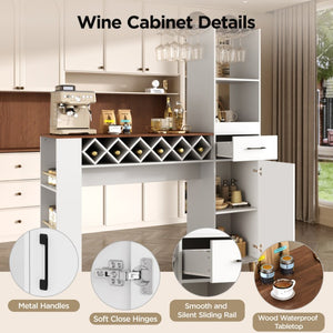 English Elm Bar Cabinet with Fridge Compartment Power Outlet Two Tone Mid Century Modern Storage White 63.39 L x 15.75 W x 75.59 H N728S511476W