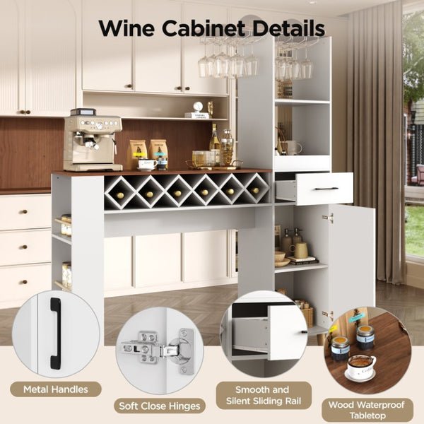 English Elm Bar Cabinet with Fridge Compartment Power Outlet Two Tone Mid Century Modern Storage White 63.39 L x 15.75 W x 75.59 H N728S511476W