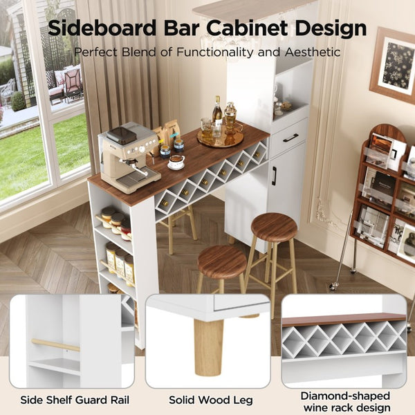 English Elm Bar Cabinet with Fridge Compartment Power Outlet Two Tone Mid Century Modern Storage White 63.39 L x 15.75 W x 75.59 H N728S511476W