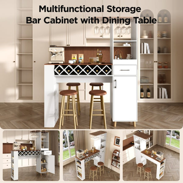 English Elm Bar Cabinet with Fridge Compartment Power Outlet Two Tone Mid Century Modern Storage White 63.39 L x 15.75 W x 75.59 H N728S511476W