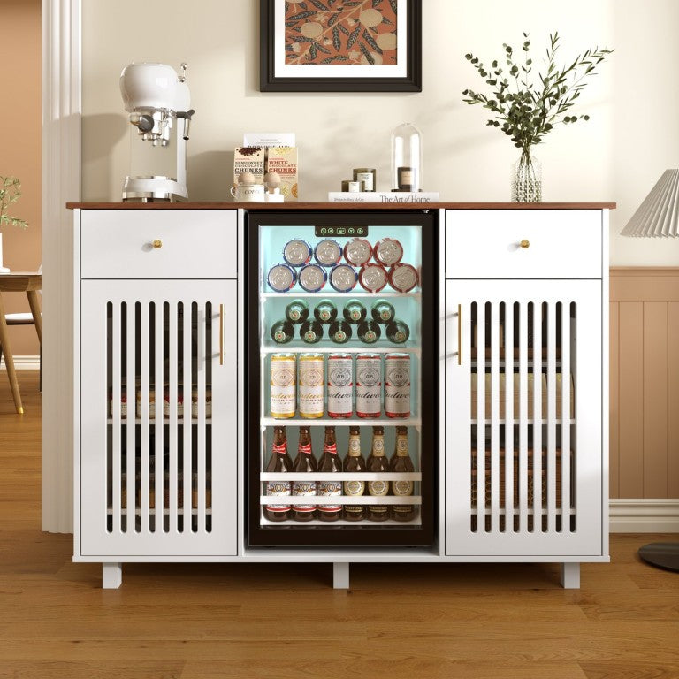 English Elm Bar Cabinet with Fridge Compartment Power Outlet Two Tone Mid Century Modern Storage White 55.12 L x 21.26 W x 39.37 H N728S511479W