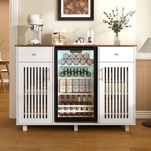 English Elm Bar Cabinet with Fridge Compartment Power Outlet Two Tone Mid Century Modern Storage White 55.12 L x 21.26 W x 39.37 H N728S511479W