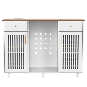 English Elm Bar Cabinet with Fridge Compartment Power Outlet Two Tone Mid Century Modern Storage White 55.12 L x 21.26 W x 39.37 H N728S511479W