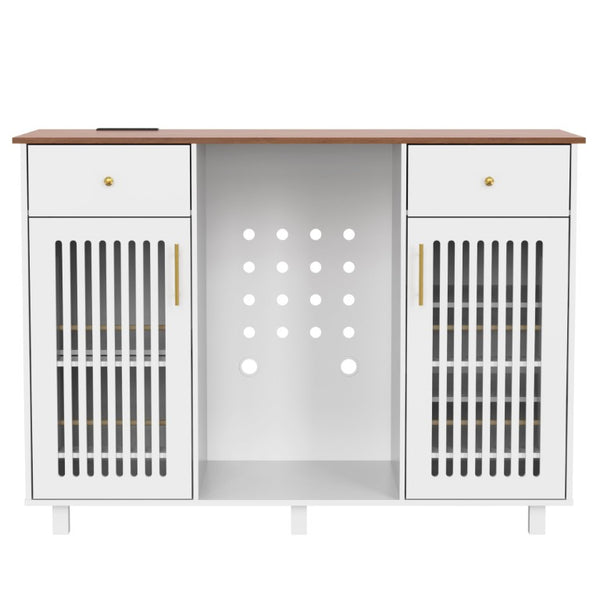 English Elm Bar Cabinet with Fridge Compartment Power Outlet Two Tone Mid Century Modern Storage White 55.12 L x 21.26 W x 39.37 H N728S511479W