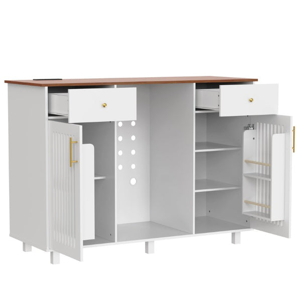 English Elm Bar Cabinet with Fridge Compartment Power Outlet Two Tone Mid Century Modern Storage White 55.12 L x 21.26 W x 39.37 H N728S511479W