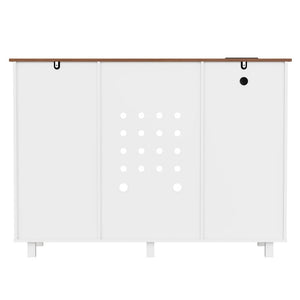 English Elm Bar Cabinet with Fridge Compartment Power Outlet Two Tone Mid Century Modern Storage White 55.12 L x 21.26 W x 39.37 H N728S511479W