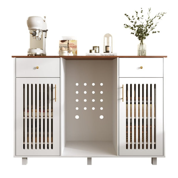 English Elm Bar Cabinet with Fridge Compartment Power Outlet Two Tone Mid Century Modern Storage White 55.12 L x 21.26 W x 39.37 H N728S511479W