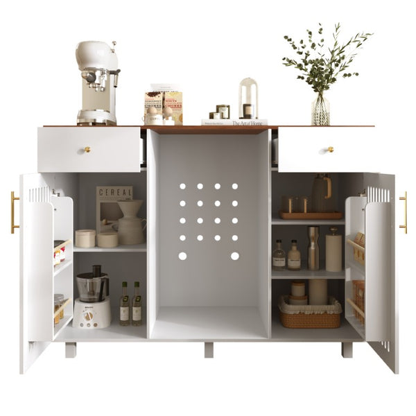 English Elm Bar Cabinet with Fridge Compartment Power Outlet Two Tone Mid Century Modern Storage White 55.12 L x 21.26 W x 39.37 H N728S511479W