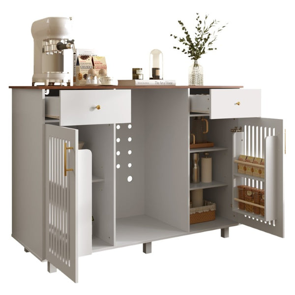 English Elm Bar Cabinet with Fridge Compartment Power Outlet Two Tone Mid Century Modern Storage White 55.12 L x 21.26 W x 39.37 H N728S511479W