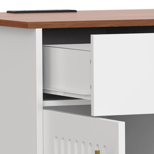 English Elm Bar Cabinet with Fridge Compartment Power Outlet Two Tone Mid Century Modern Storage White 55.12 L x 21.26 W x 39.37 H N728S511479W