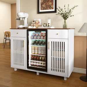 English Elm Bar Cabinet with Fridge Compartment Power Outlet Two Tone Mid Century Modern Storage White 55.12 L x 21.26 W x 39.37 H N728S511479W
