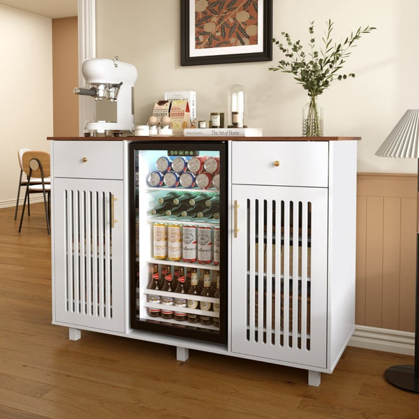 English Elm Bar Cabinet with Fridge Compartment Power Outlet Two Tone Mid Century Modern Storage White 55.12 L x 21.26 W x 39.37 H N728S511479W