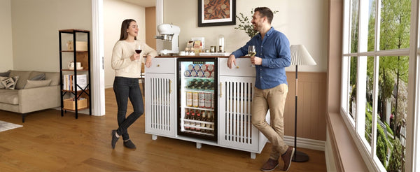 English Elm Bar Cabinet with Fridge Compartment Power Outlet Two Tone Mid Century Modern Storage White 55.12 L x 21.26 W x 39.37 H N728S511479W