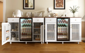 English Elm Bar Cabinet with Fridge Compartment Power Outlet Two Tone Mid Century Modern Storage White 55.12 L x 21.26 W x 39.37 H N728S511479W