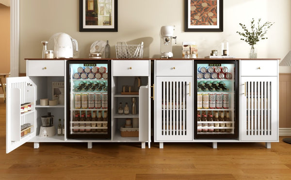 English Elm Bar Cabinet with Fridge Compartment Power Outlet Two Tone Mid Century Modern Storage White 55.12 L x 21.26 W x 39.37 H N728S511479W