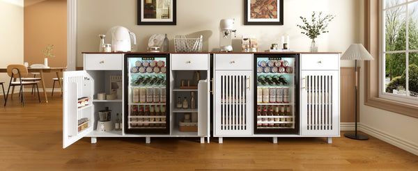 English Elm Bar Cabinet with Fridge Compartment Power Outlet Two Tone Mid Century Modern Storage White 55.12 L x 21.26 W x 39.37 H N728S511479W
