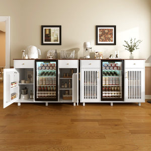 English Elm Bar Cabinet with Fridge Compartment Power Outlet Two Tone Mid Century Modern Storage White 55.12 L x 21.26 W x 39.37 H N728S511479W