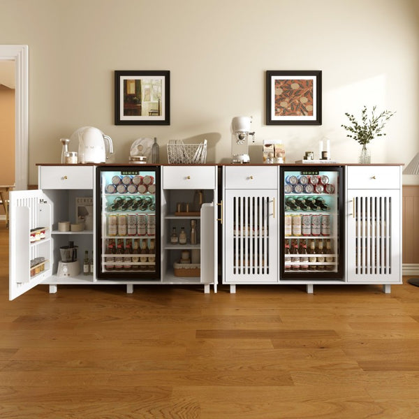 English Elm Bar Cabinet with Fridge Compartment Power Outlet Two Tone Mid Century Modern Storage White 55.12 L x 21.26 W x 39.37 H N728S511479W
