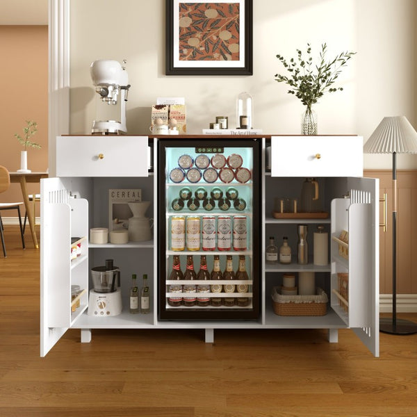 English Elm Bar Cabinet with Fridge Compartment Power Outlet Two Tone Mid Century Modern Storage White 55.12 L x 21.26 W x 39.37 H N728S511479W