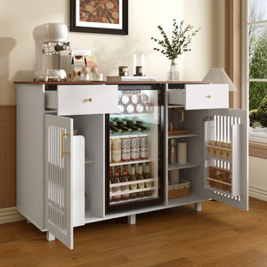 English Elm Bar Cabinet with Fridge Compartment Power Outlet Two Tone Mid Century Modern Storage White 55.12 L x 21.26 W x 39.37 H N728S511479W