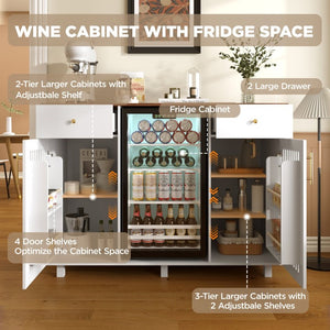 English Elm Bar Cabinet with Fridge Compartment Power Outlet Two Tone Mid Century Modern Storage White 55.12 L x 21.26 W x 39.37 H N728S511479W