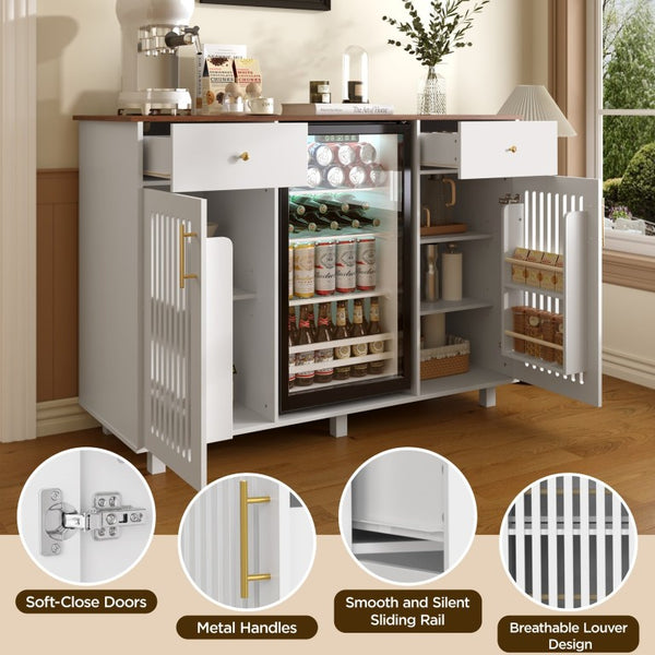English Elm Bar Cabinet with Fridge Compartment Power Outlet Two Tone Mid Century Modern Storage White 55.12 L x 21.26 W x 39.37 H N728S511479W