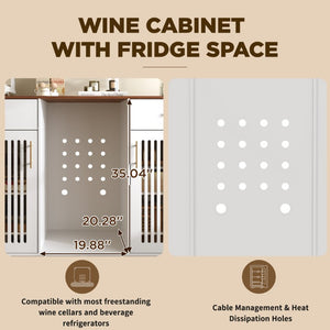 English Elm Bar Cabinet with Fridge Compartment Power Outlet Two Tone Mid Century Modern Storage White 55.12 L x 21.26 W x 39.37 H N728S511479W