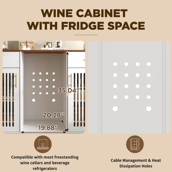 English Elm Bar Cabinet with Fridge Compartment Power Outlet Two Tone Mid Century Modern Storage White 55.12 L x 21.26 W x 39.37 H N728S511479W