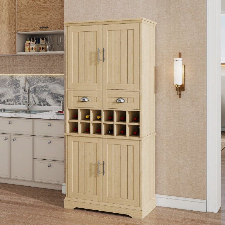 English Elm 70.9 Inch Farmhouse Wine Cabinet with 12 Bottle Rack Drawers and Adjustable Shelves Natural N728S513871N