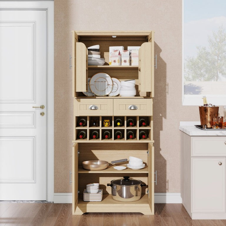 English Elm 70.9 Inch Farmhouse Wine Cabinet with 12 Bottle Rack Drawers and Adjustable Shelves Natural N728S513871N