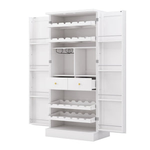English Elm 70.8 Inch Tall Farmhouse White Wine Cabinet with Pull Out Racks and Glass Holder N728S541180K