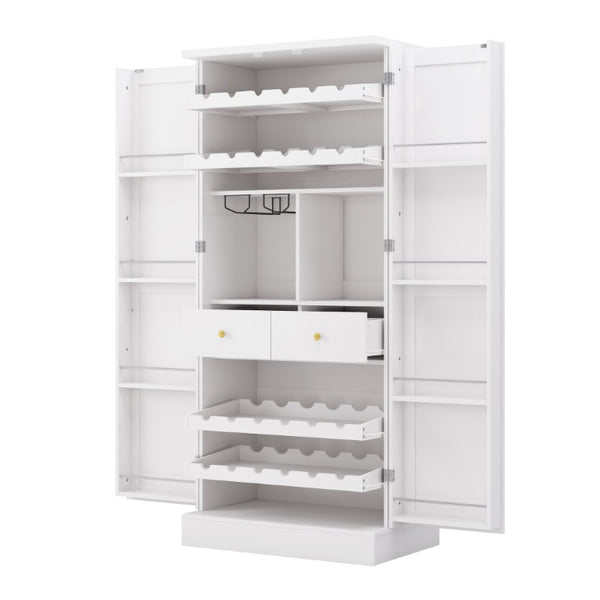 English Elm 70.8 Inch Tall Farmhouse White Wine Cabinet with Pull Out Racks and Glass Holder N728S541180K