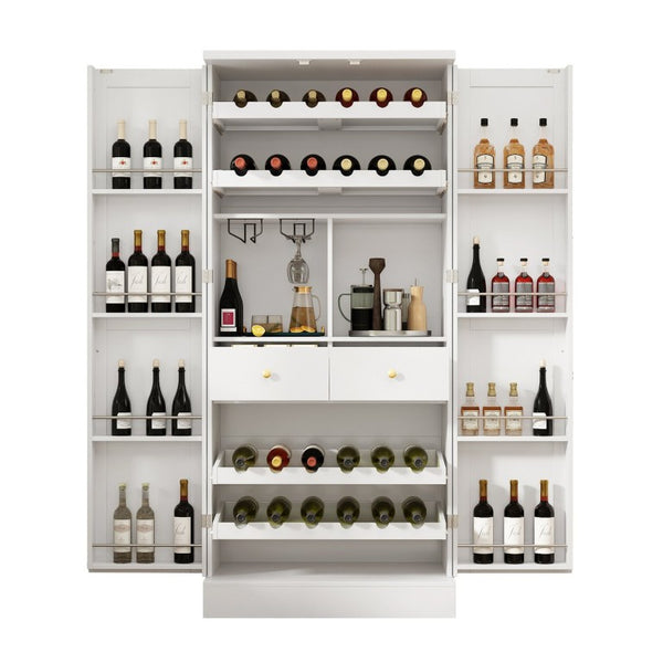 English Elm 70.8 Inch Tall Farmhouse White Wine Cabinet with Pull Out Racks and Glass Holder N728S541180K
