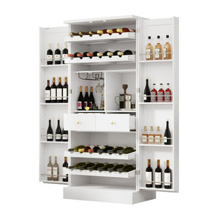 English Elm 70.8 Inch Tall Farmhouse White Wine Cabinet with Pull Out Racks and Glass Holder N728S541180K