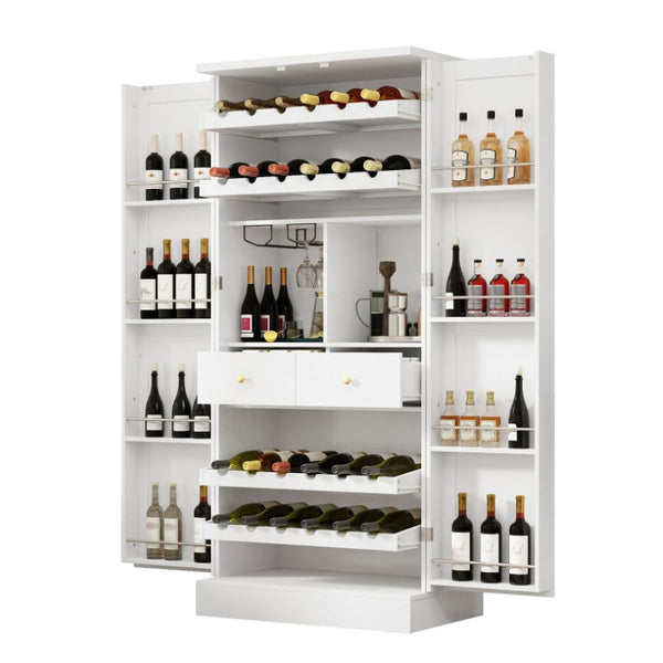 English Elm 70.8 Inch Tall Farmhouse White Wine Cabinet with Pull Out Racks and Glass Holder N728S541180K