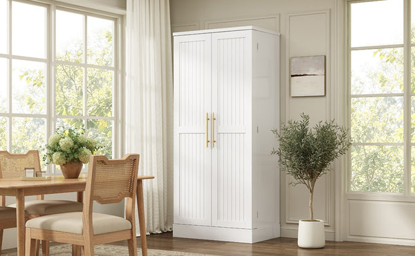 English Elm 70.8 Inch Tall Farmhouse White Wine Cabinet with Pull Out Racks and Glass Holder N728S541180K