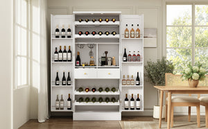 English Elm 70.8 Inch Tall Farmhouse White Wine Cabinet with Pull Out Racks and Glass Holder N728S541180K