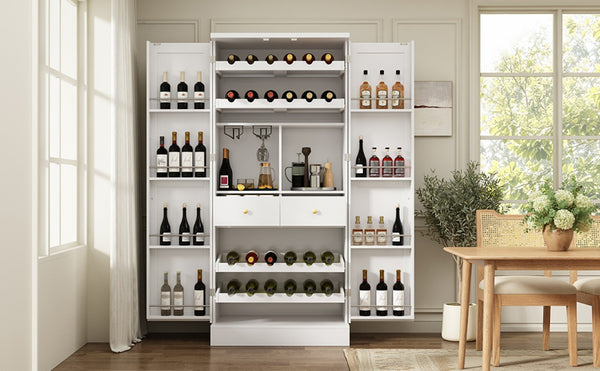 English Elm 70.8 Inch Tall Farmhouse White Wine Cabinet with Pull Out Racks and Glass Holder N728S541180K