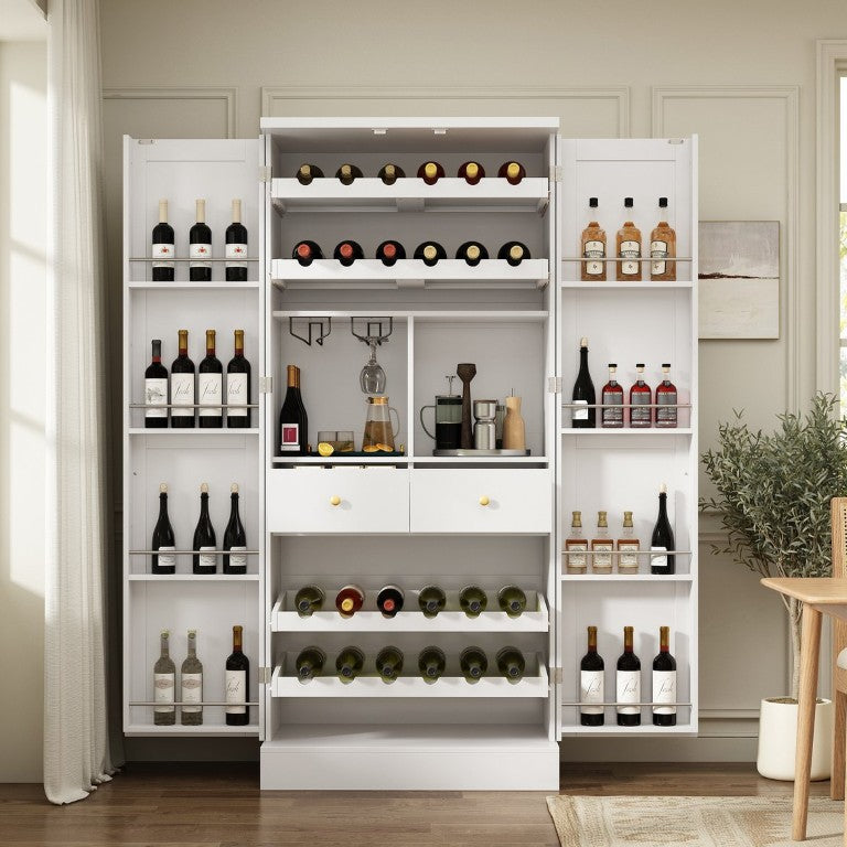 English Elm 70.8 Inch Tall Farmhouse White Wine Cabinet with Pull Out Racks and Glass Holder N728S541180K