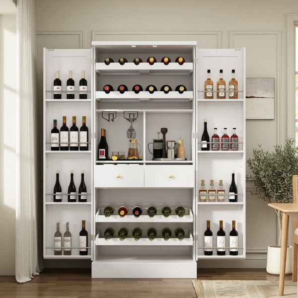 English Elm 70.8 Inch Tall Farmhouse White Wine Cabinet with Pull Out Racks and Glass Holder N728S541180K