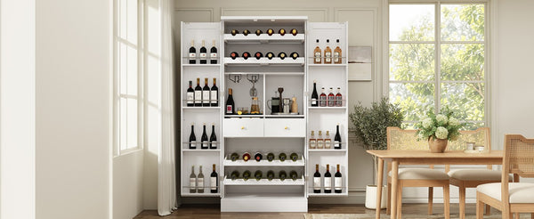 English Elm 70.8 Inch Tall Farmhouse White Wine Cabinet with Pull Out Racks and Glass Holder N728S541180K
