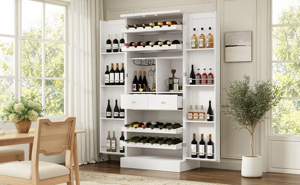 English Elm 70.8 Inch Tall Farmhouse White Wine Cabinet with Pull Out Racks and Glass Holder N728S541180K