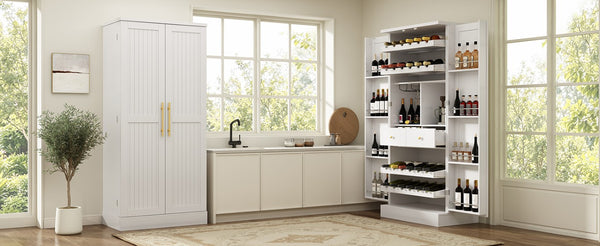 English Elm 70.8 Inch Tall Farmhouse White Wine Cabinet with Pull Out Racks and Glass Holder N728S541180K